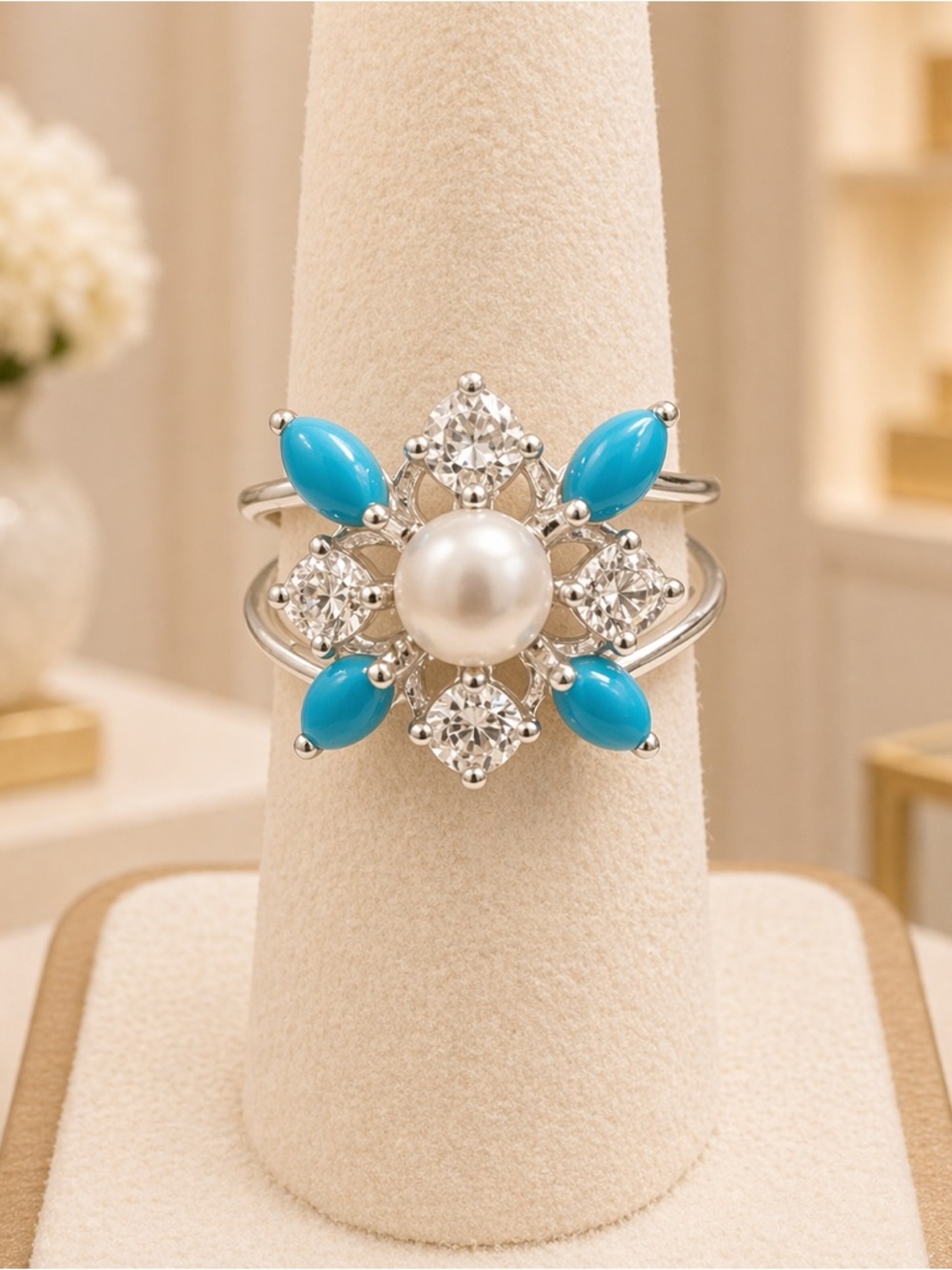 Vintage 925 Sterling Silver Size 5.5 Faux Pearl Turquoise Stone CZ Sparkle Ring